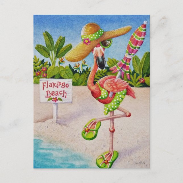 Postal Flamingo rosa caprichoso No. 2 Arte acuarela (Anverso)