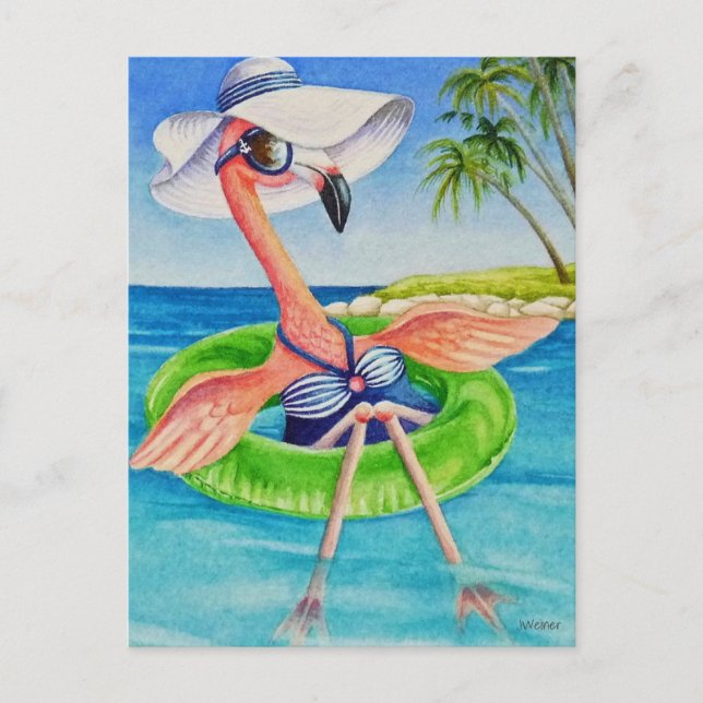 Postal Flamingo rosa caprichoso No. 3 Arte acuarela (Anverso)