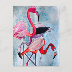 Postal Flamingo rosa colorido arte acuático