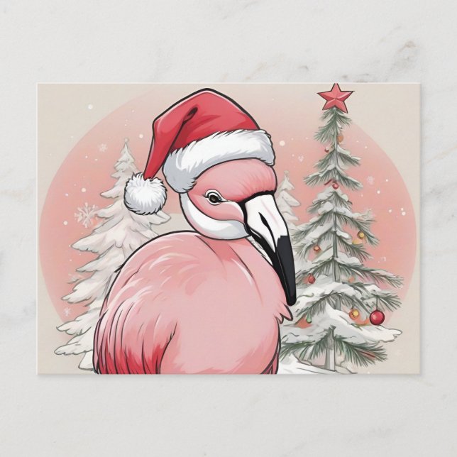 Postal Flamingo rosa con fondo de árbol de sombrero santa (Anverso)