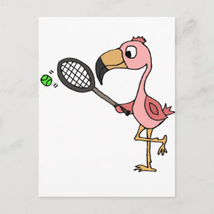 Postal Flamingo Rosa divertido jugando al tenis