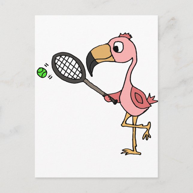Postal Flamingo Rosa divertido jugando al tenis (Anverso)