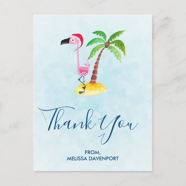 Postal Flamingo rosa en Red Santa Hat Navidades Gracias (Anverso)