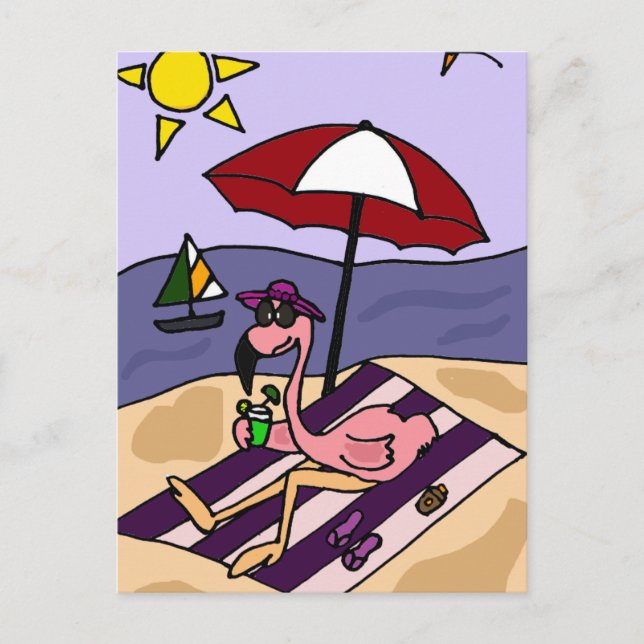 Postal Flamingo rosa gracioso en la playa (Anverso)