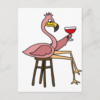 Postal Flamingo rosa gracioso que bebe vino rojo