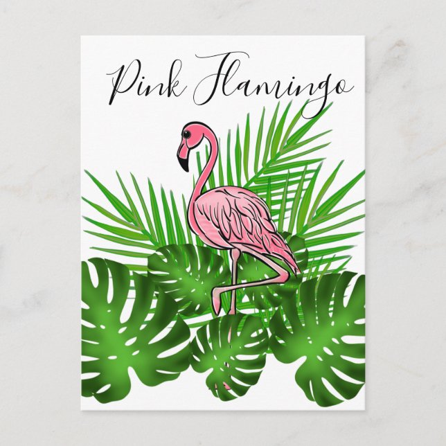 Postal Flamingo rosa, hojas de selva tropical (Anverso)