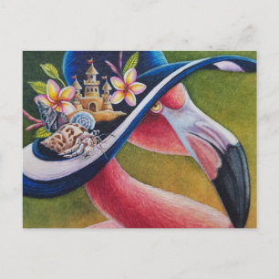 Postal Flamingo Rosa Sol Gorra Hermit Crab Watercolor Art
