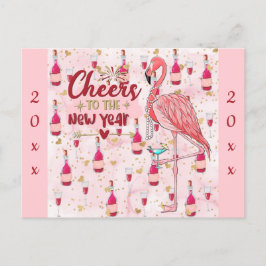 Postal Flamingo rosado de Año Nuevo Champagne