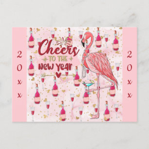 Postal Flamingo rosado de Año Nuevo Champagne