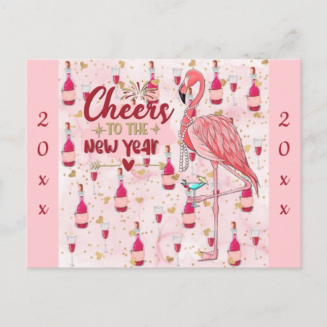Postal Flamingo rosado de Año Nuevo Champagne (Anverso)