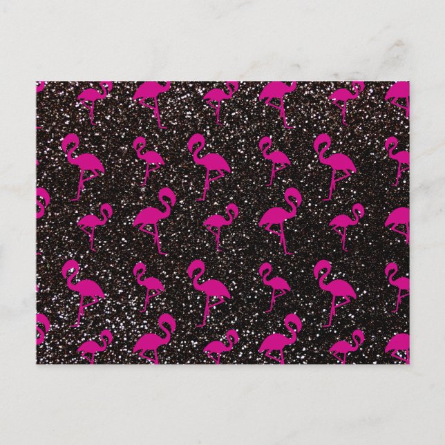 Postal Flamingo rosado purpurina negro (Anverso)