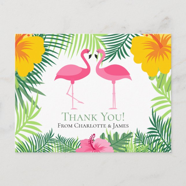 Postal Flamingo Rosado Tropical Gracias Boda (Anverso)