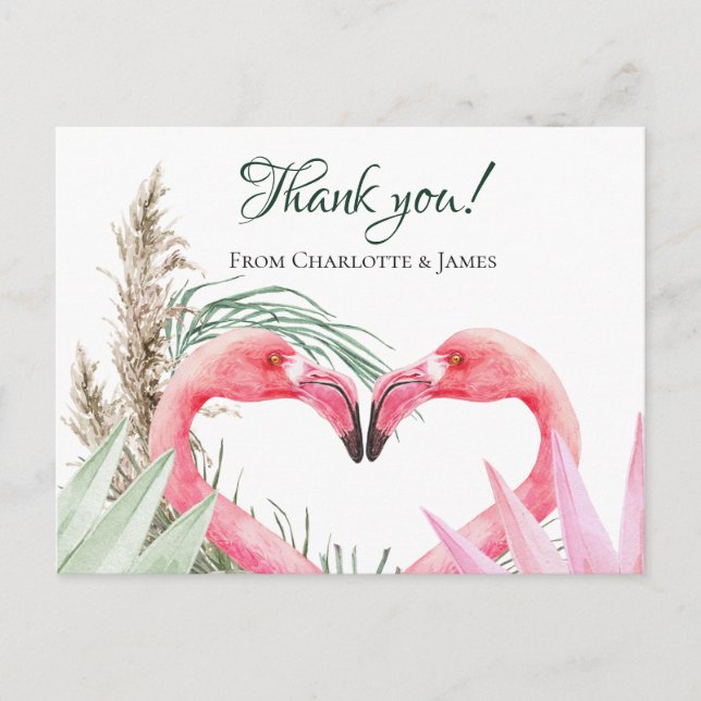 Postal Flamingo Rosado Tropical Gracias Boda (Anverso)