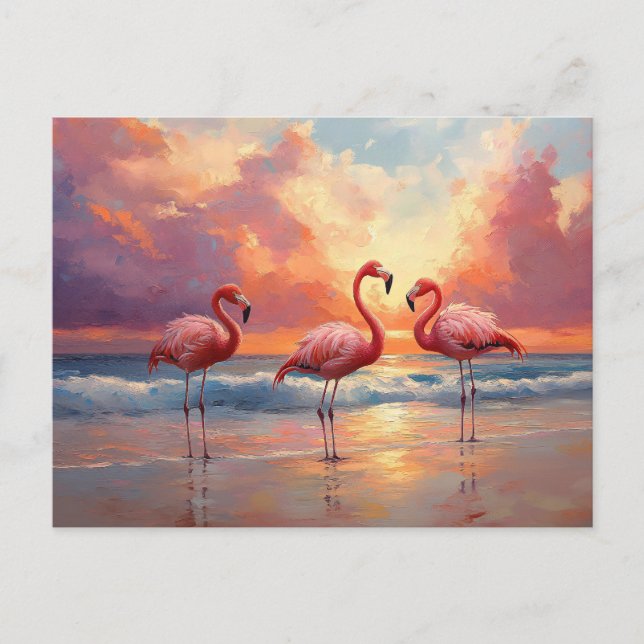 Postal Flamingo Trio en la playa (Anverso)