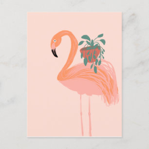 Postal Flamingo tropical con mano de planta putrefacta di