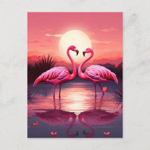 Postal Flamingos rosas al atardecer