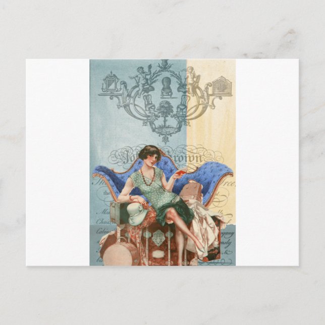Postal Flapper con maletas, viajes de 1920, collage de ar (Anverso)