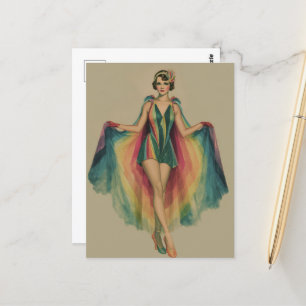 Postal Flapper en un cabo arcoiris y vestido