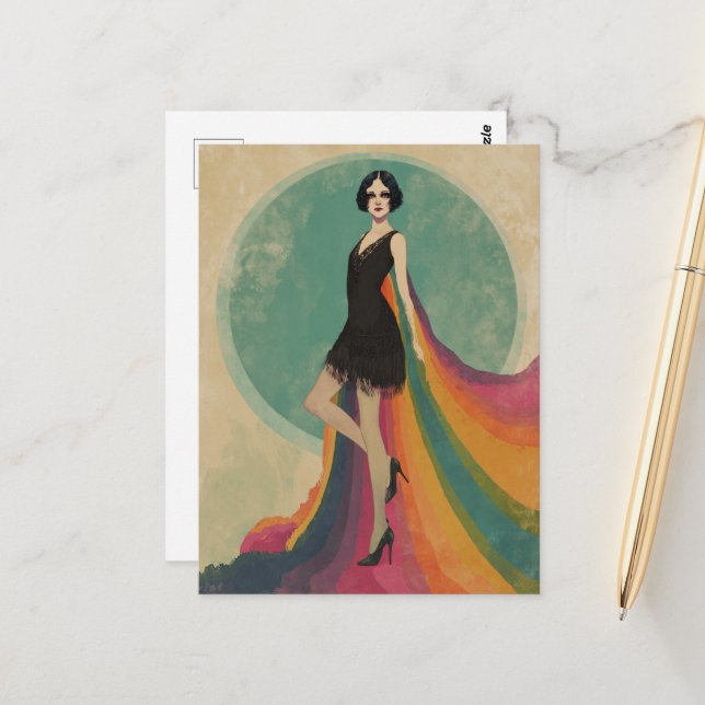 Postal Flapper: una mujer con traje de arcoiris y vestido (Anverso/Reverso In Situ)