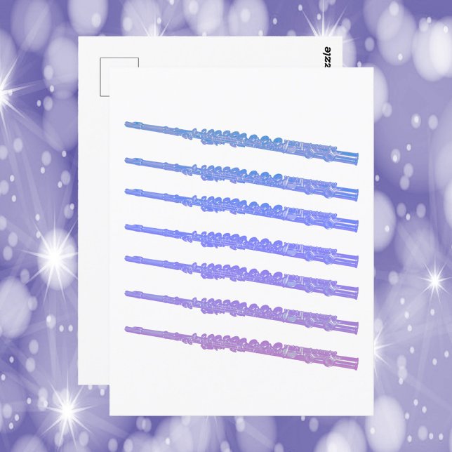 Postal Flauta Instrumento Musical Púrpura Azul Rosa (A postcard with a graphic of pink, blue and purple flutes.)