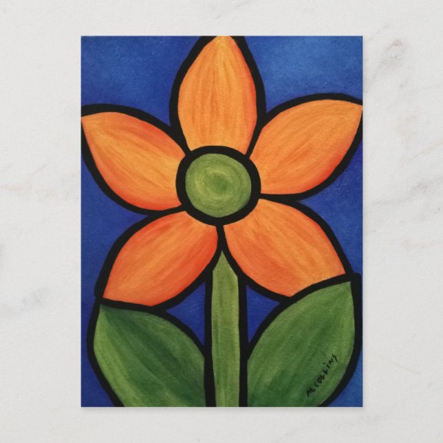 Postal Flor abstracta azul naranja (Anverso)