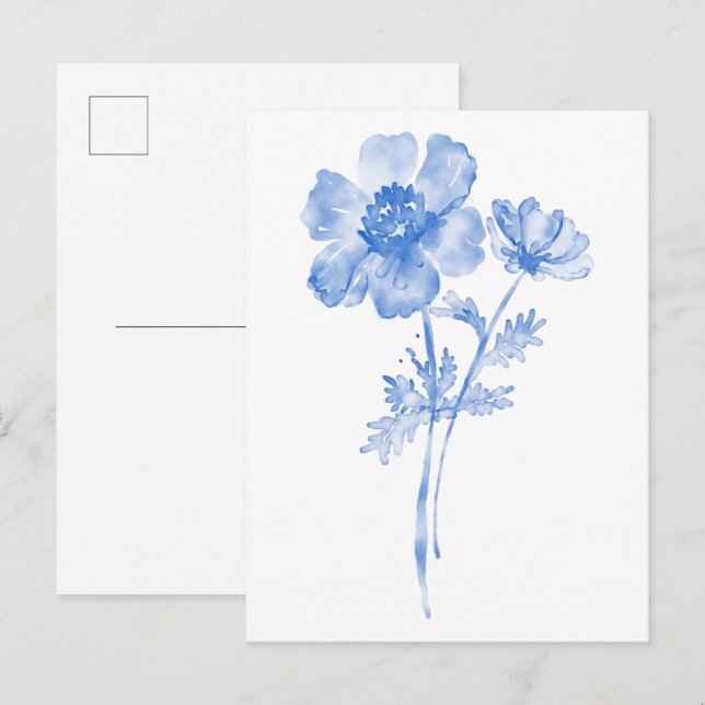 Postal Flor azul, acuarela floral (Anverso / Reverso)
