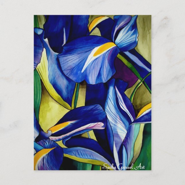 Postal Flor azul Iris pintura acuarela original (Anverso)