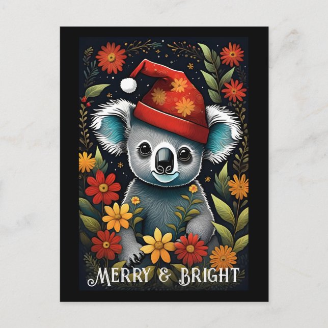 Postal Flor Cute Santa Koala Osa Navidades negros (Anverso)