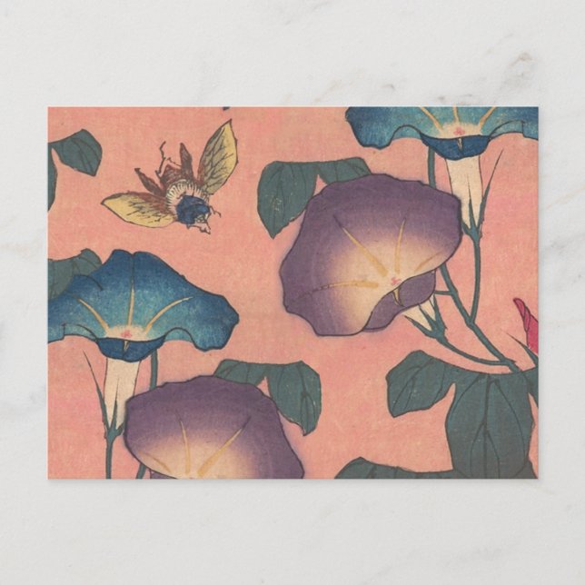Postal Flor de abeja rosa Arte Clásico Hokusai (Anverso)