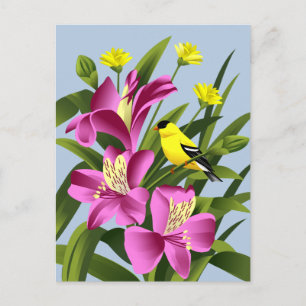 Postal Flor de Alstroemeria y Goldfinch