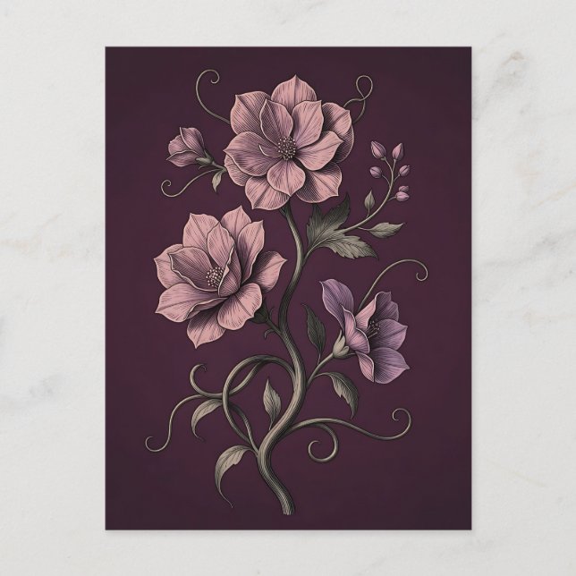 Postal Flor de Anémona Morada Botanical Oscura  (Anverso)