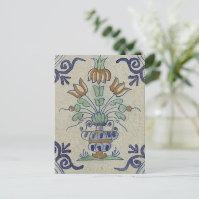 Postal Flor De Cerámica Delft Tile Antiguo (Anverso de pie)