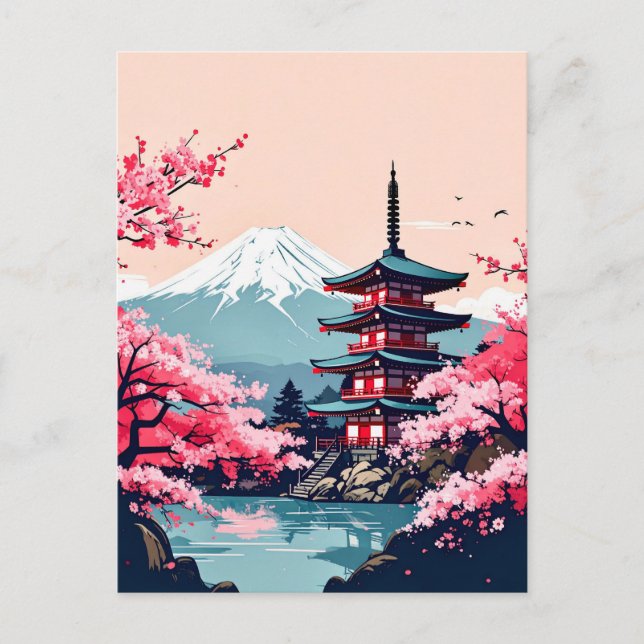 Postal Flor de cerezo de Japón y pagoda con Monte Fuji (Anverso)