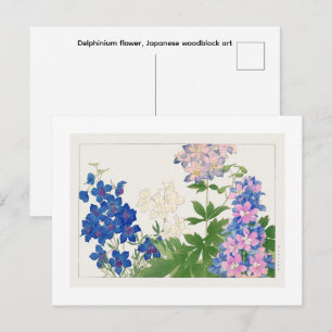 Postal Flor de Delphinium, arte de grabado en madera japo