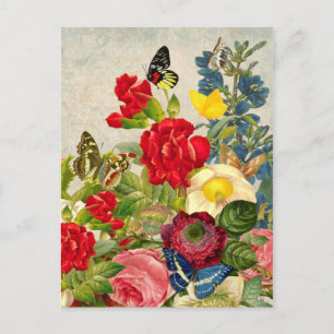 Postal Flor de época Bouquet con mariposas