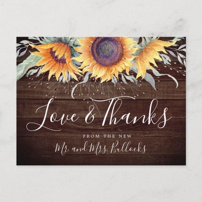 Postal Flor de Girasol Rústica | Agradecimiento de Boda (Anverso)