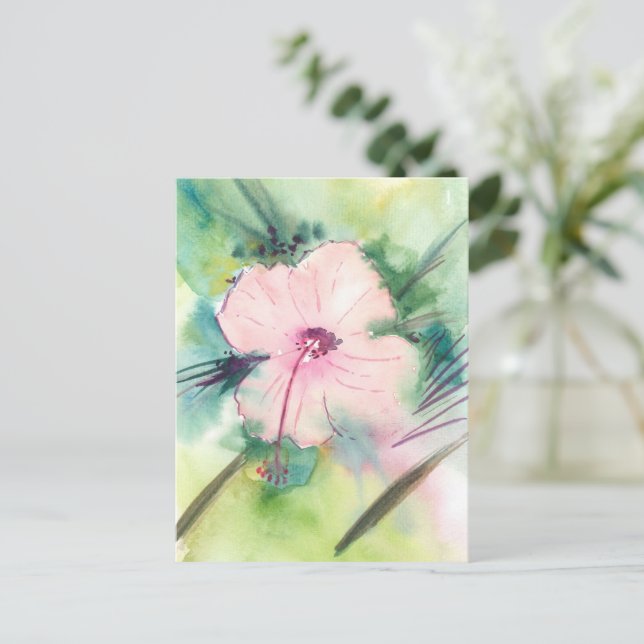 Postal Flor de Hibisco de Belice pintada a mano con acuar (Anverso de pie)