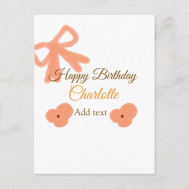 Postal flor de lazo naranja pastel de cumpleaños nombre (Anverso)