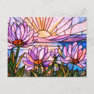 Postal Flor de Loto Nenúfar Rosa Púrpura Naranja Atardece