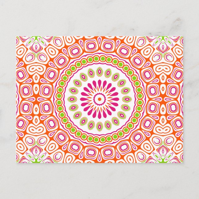 Postal Flor de Mandala rosa brillante y primavera Naranja (Anverso)