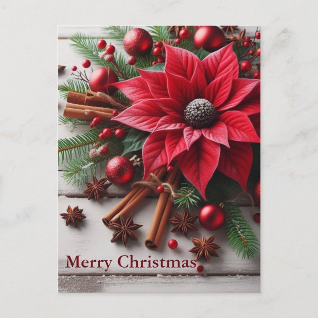 Postal Flor de Navidades rojos en madera blanca tradicion (Anverso)