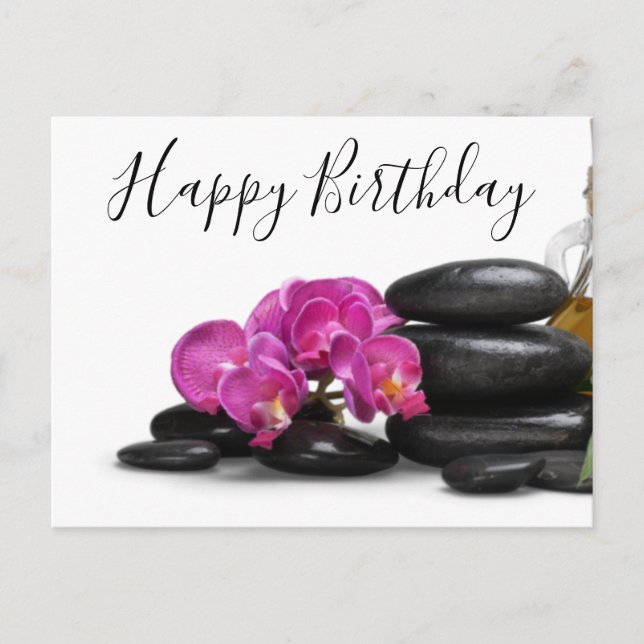 Postal Flor de orquídea con cumpleaños de piedra caliente (Anverso)