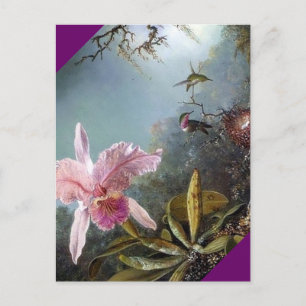 Postal Flor de orquídea Hummingbird pintura de bosque tro