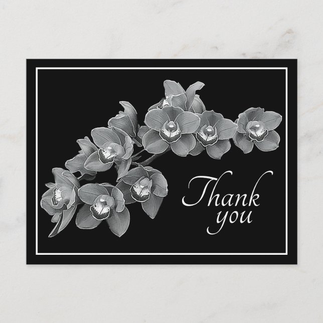 Postal Flor de orquídea negro/blanco Fondo negro Agradece (Anverso)