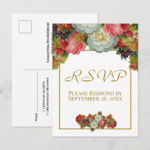 Postal Flor de Otoño Vintage Dorado RSVP de Boda
