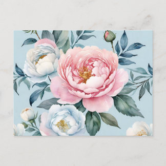 Postal Flor de Peón Rosa Azul Gris Azul Romántico