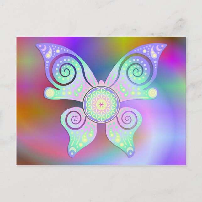 Postal Flor de vida / Blume des Lebens - mariposa (Anverso)