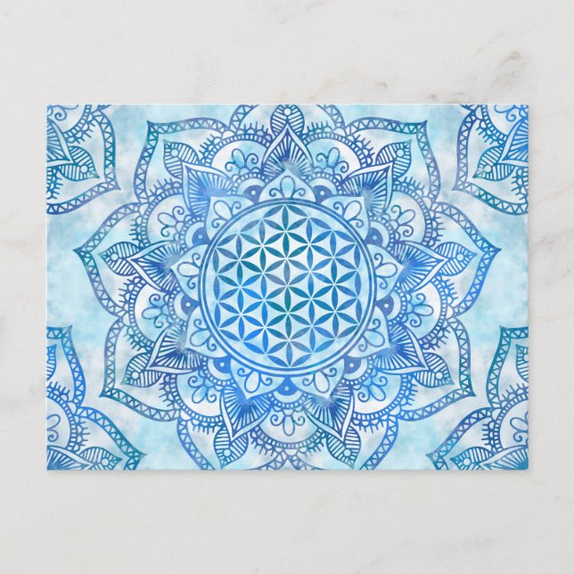 Postal Flor de vida en Lotus - cielo suave azul (Anverso)