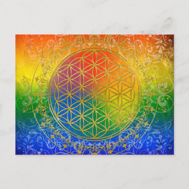 Postal Flor de vida - Oro ornamento arcoiris (Anverso)