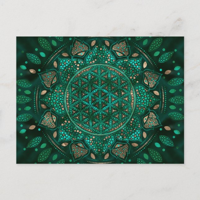 Postal Flor de vida Punto Arte malaquita oro (Anverso)